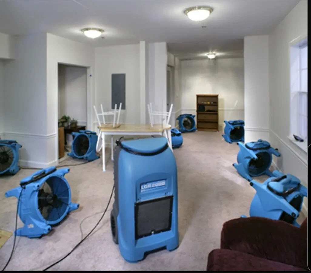 Air movers and dehumidifier setup for Water Damage Restoration in St. Johnsbury
